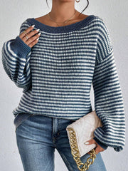 Contrast Color Split-Joint Striped Long Sleeves Loose Off-The-Shoulder Sweater Tops Pullovers