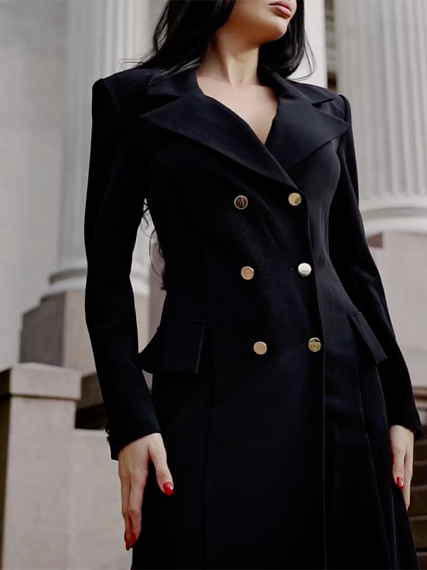 Solid Color Buttoned  Split-Back A-Line Bodycon Lapel Collar Maxi Dresses Outerwear