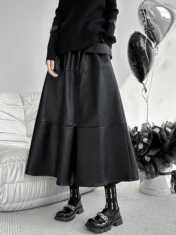 Solid Color Split-Joint Zipper A-Line Hipster Skirts Bottoms