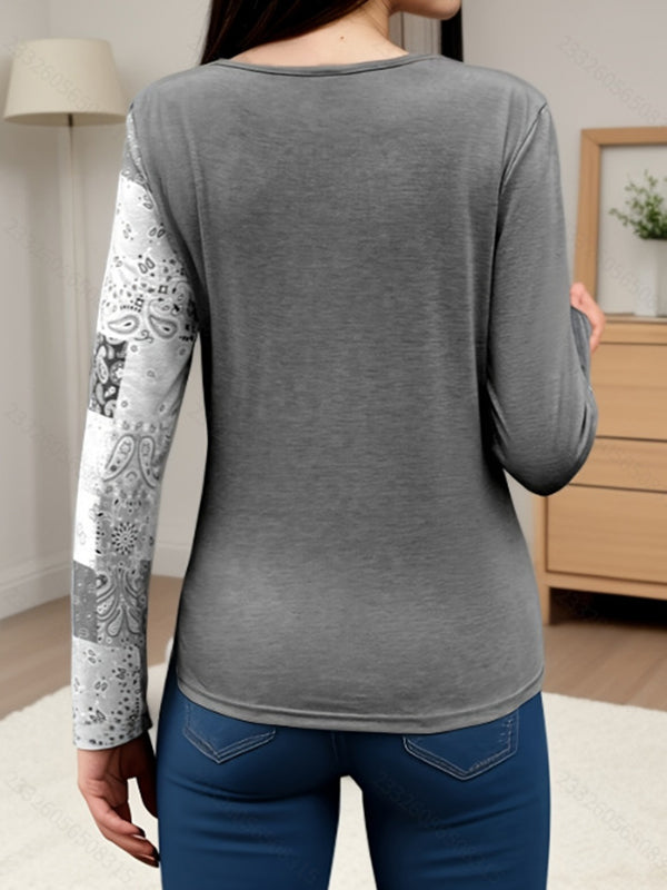 Asymmetric Buckle Contrast Color Pleated Split-Joint Irregularity Long Sleeves Round-Neck T-Shirts Tops
