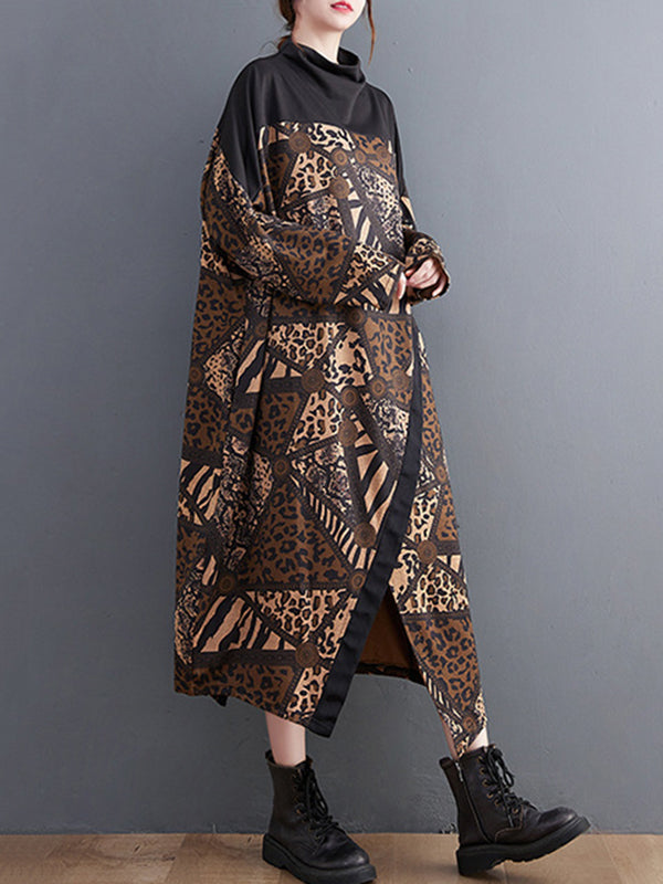 Asymmetric Printed Split-Front Split-Joint Long Sleeves Loose Mock Neck Midi Dresses