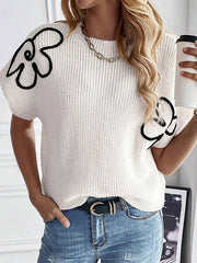 Knitted Flower Loose Short Sleeves Round-Neck Sweater Tops Pullovers