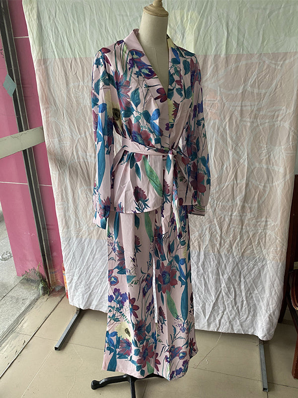 V-Neck High Waisted Long Sleeves Flower Print Tied Waist Shirts Top + Pants Bottom Two Pieces Set