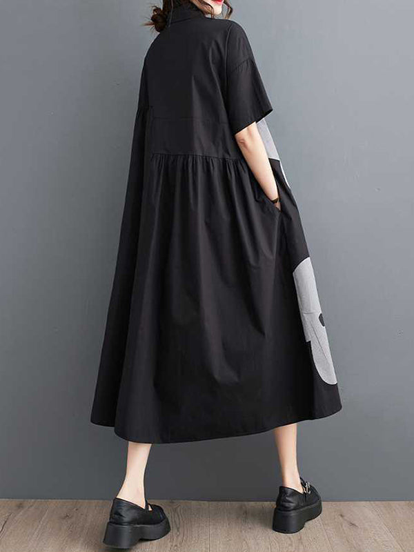 Buttoned Floral Printed Loose Short Sleeves Lapel Collar Midi Dresses