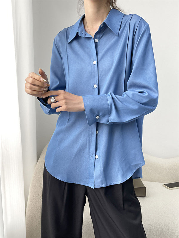 Pleated Split-Joint Long Sleeves Loose Lapel Blouses&Shirts Tops