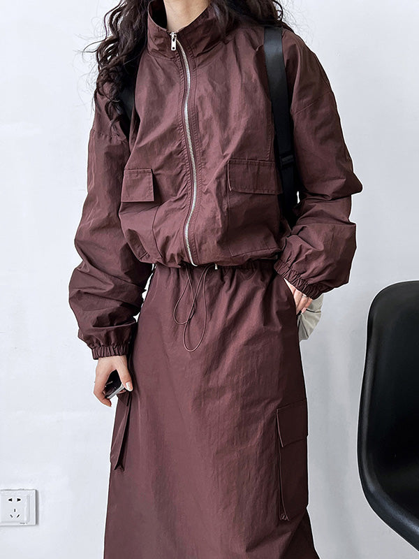 Solid Color Zipper Long Sleeves Loose Drawstring Elasticity Pockets Stand Collar Jacket Top + Split-Back Skirts Bottom Two Pieces Set