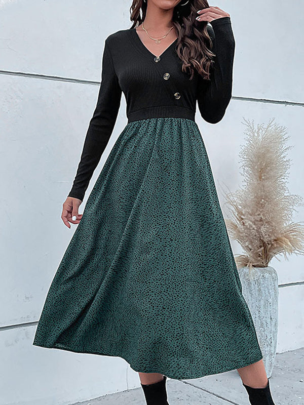 Asymmetric Buttoned Leopard Split-Joint High Waisted Long Sleeves V-Neck Midi Dresses
