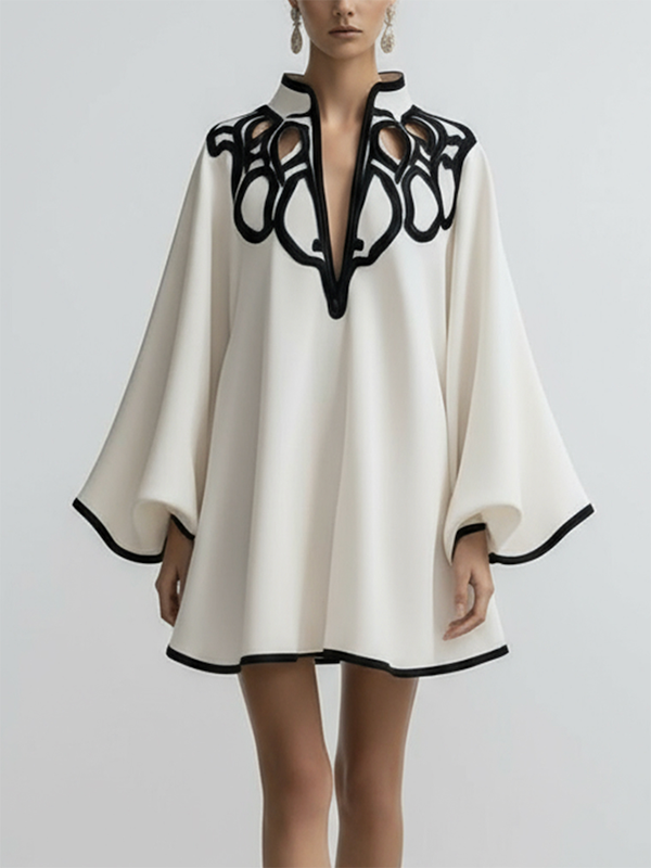 Flared Sleeves Loose Contrast Color Hollow Stand Collar Mini Dresses