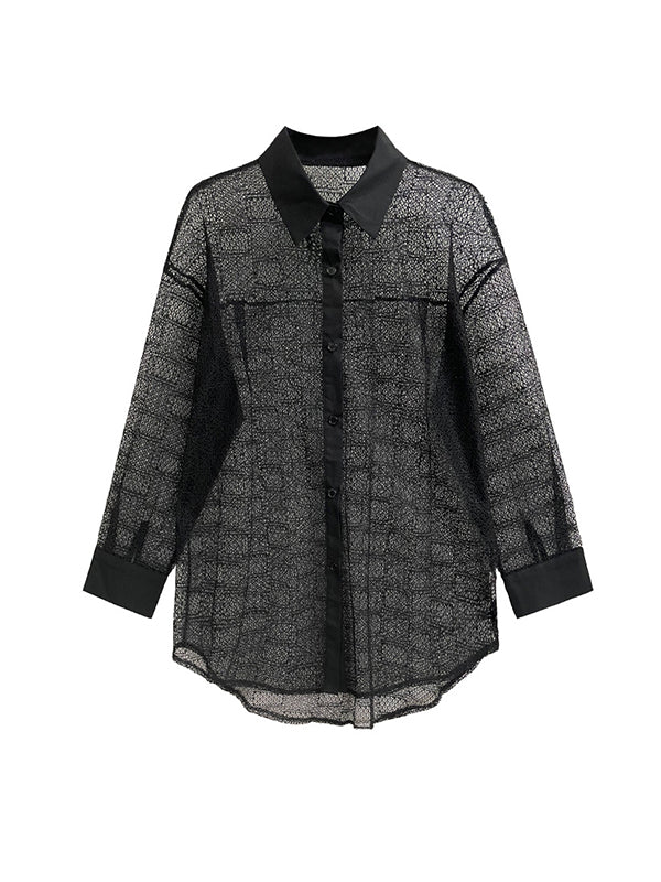 Lacy See-Through Solid Color Long Sleeves Loose Lapel Blouses&shirts Tops
