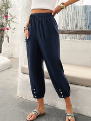 Drawstring Elasticity Pleated Pockets Solid Color Loose Trousers Ninth Pants