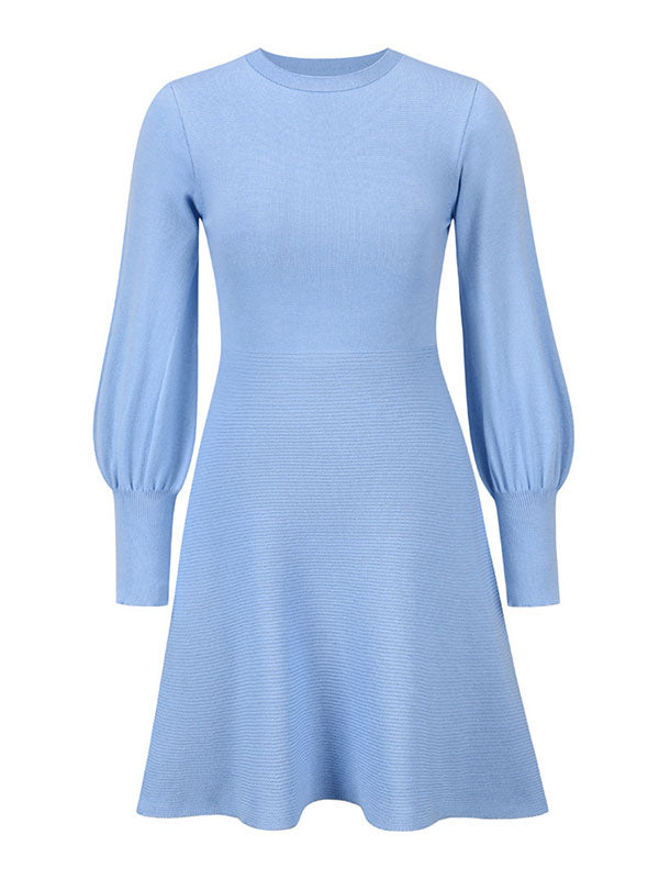 Solid Color Puff Sleeves Wrap Round-Neck Sweater Dress