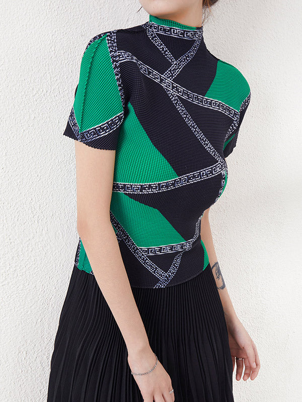 Contrast Color Pleated Printed Short Sleeves Mock Neck T-Shirts Tops