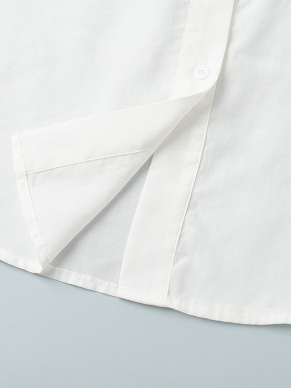 Pleated Solid Color Split-Joint Loose Puff Sleeves Lapel Blouses&shirts Tops