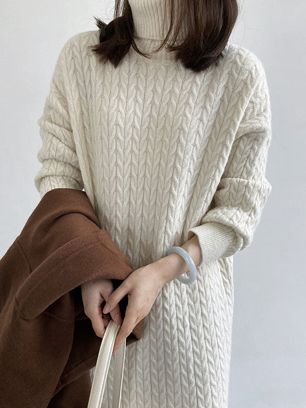 Stylish Loose Long Sleeves Solid Color High-Neck Twist Sweater Dresses