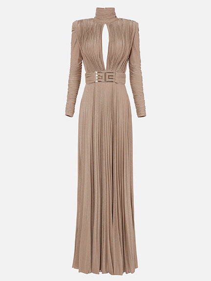 Long Sleeves Pleated Solid Color Split-Side V-Back High-Neck Evening Dresses Maxi Dresses