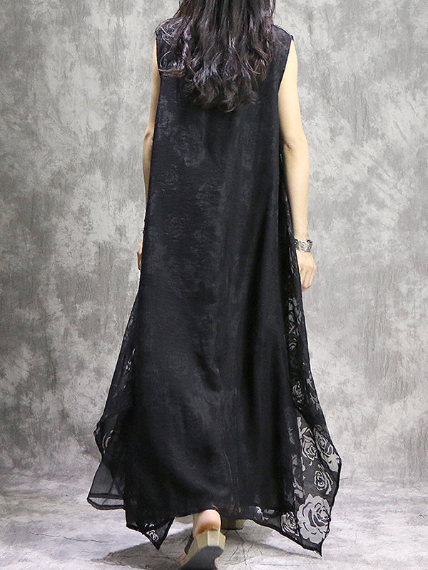 Flower Print Solid Color False Two Loose V-Neck Midi Dresses