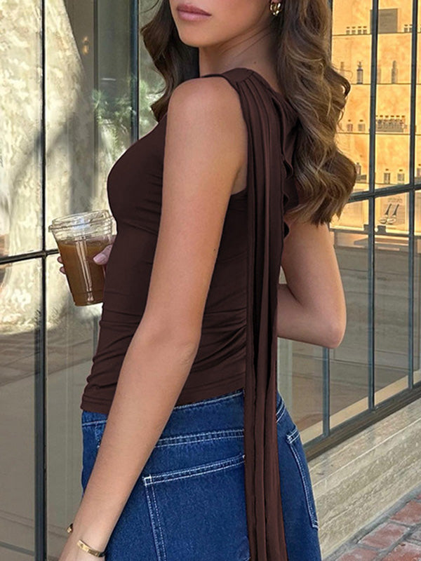 Hollow Solid Color Split-Joint Loose Skinny Round-neck Vest Top
