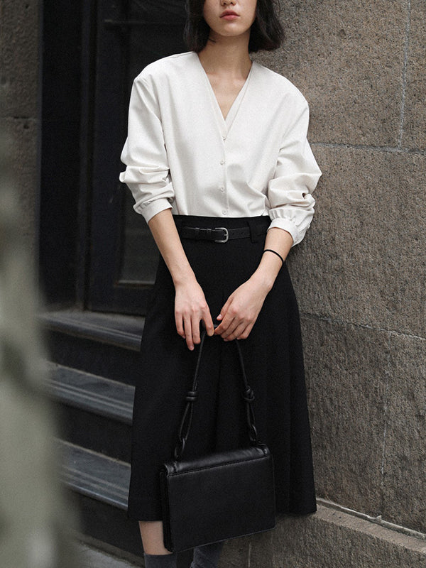 Buttoned Solid Color False Two Long Sleeves V-Neck Blouses&Shirts Tops