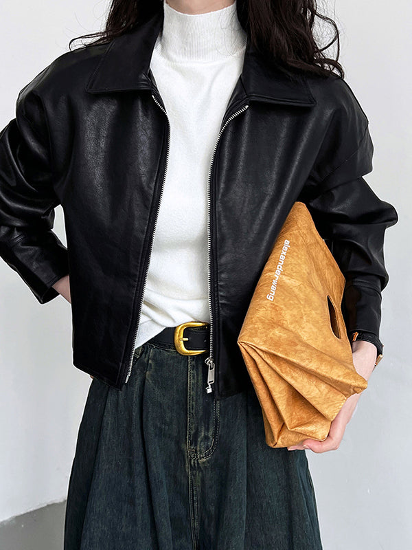 Solid Color Zipper Long Sleeves Loose Lapel Collar Outerwear Jackets&Coats