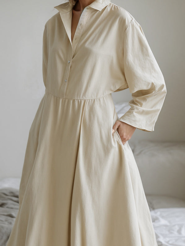 Buttoned Solid Color Split-Joint Long Sleeves Loose Lapel Shirt Dress Midi Dresses