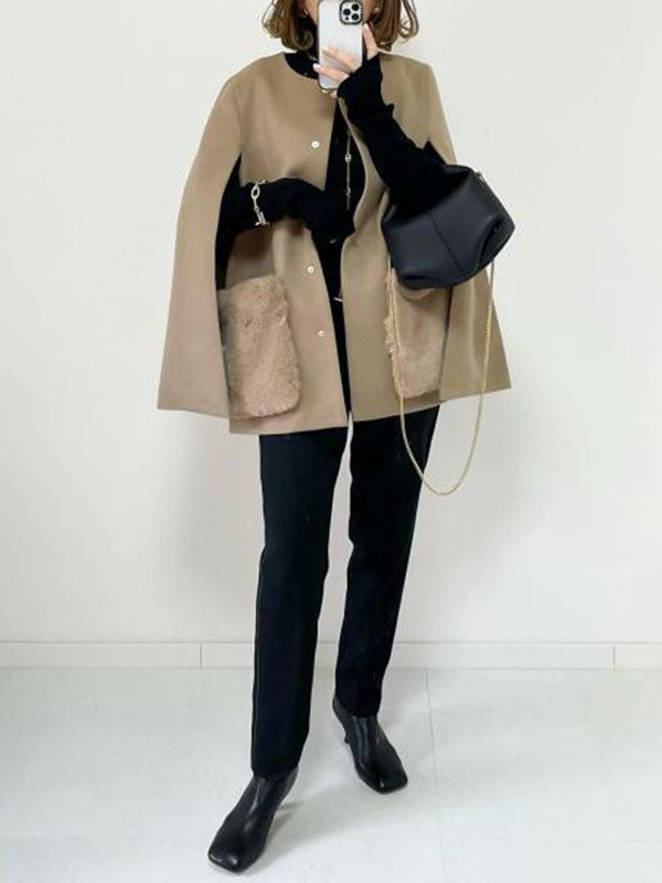 Pockets Split-Front Split-Joint Loose Sleeveless Round-Neck Woolen Coat