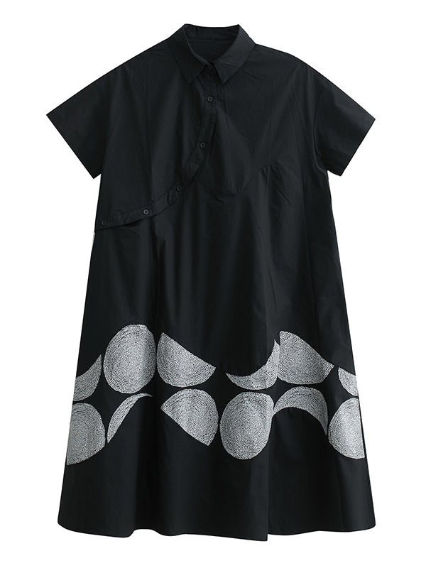 A-Line Oversize Ethnic Printed Contrast Color Printed Split-Joint Lapel Midi Dresses Shirt Dress