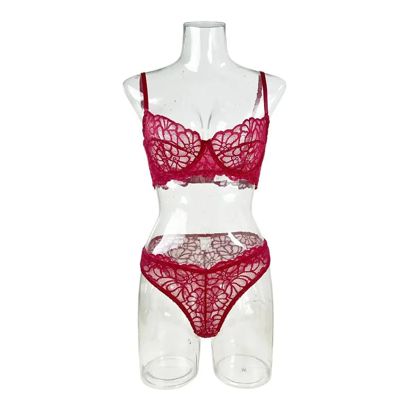 2 Piece Erotic Western Style Lace Floral Print Sensual Pure See Through Adjustable Straps Alluring Lingerie Set