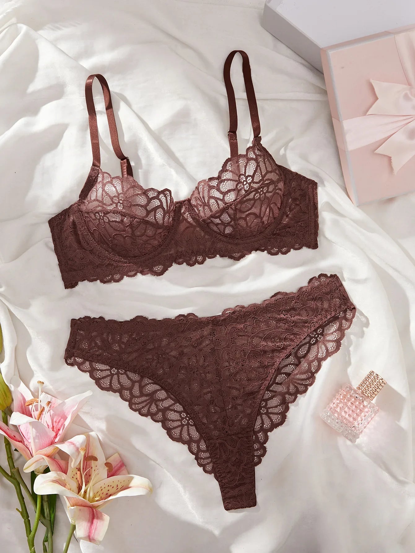 2 Piece Erotic Western Style Lace Floral Print Sensual Pure See Through Adjustable Straps Alluring Lingerie Set