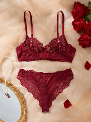 2 Piece Erotic Western Style Lace Floral Print Sensual Pure See Through Adjustable Straps Alluring Lingerie Set