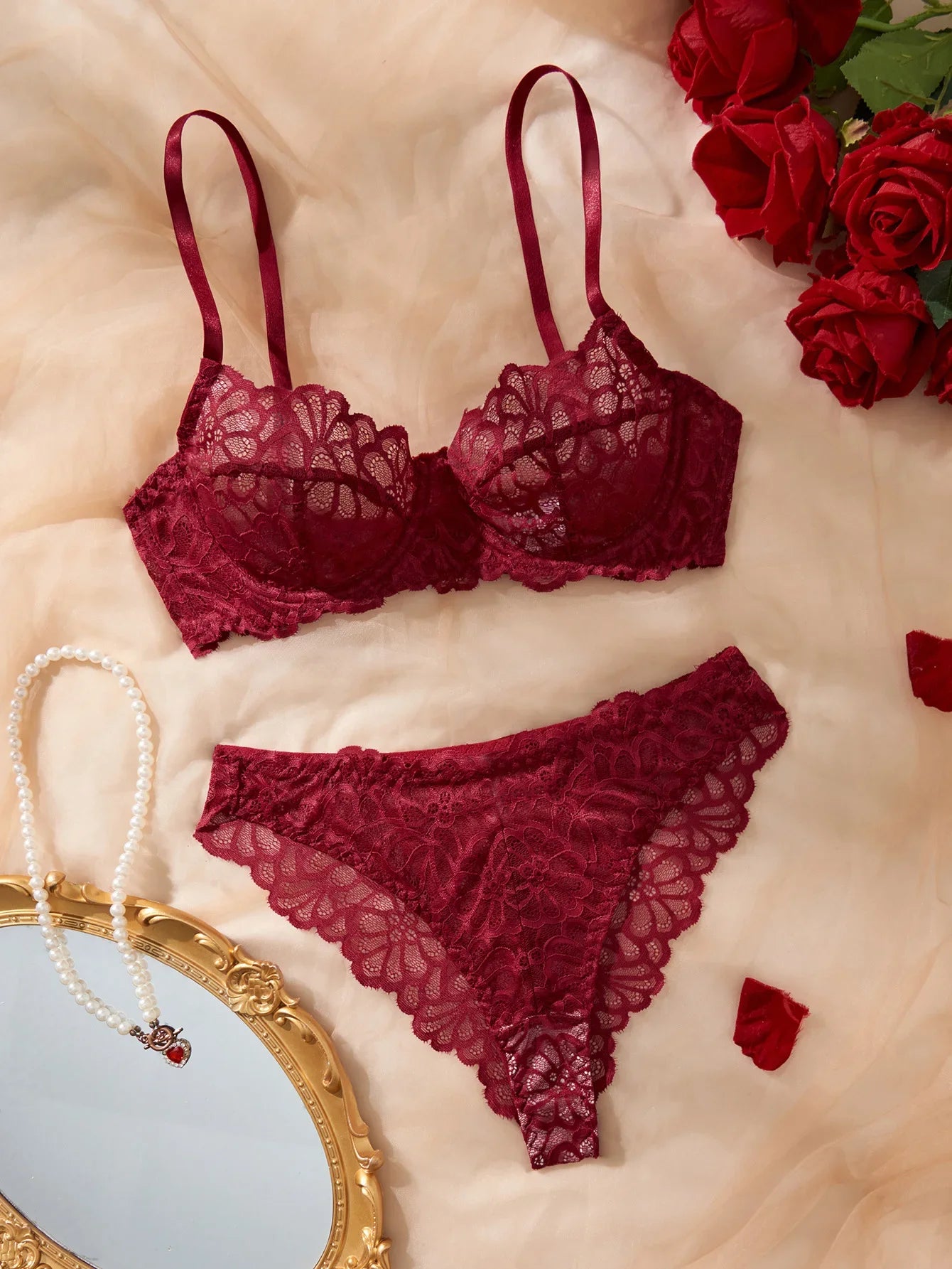 2 Piece Erotic Western Style Lace Floral Print Sensual Pure See Through Adjustable Straps Alluring Lingerie Set