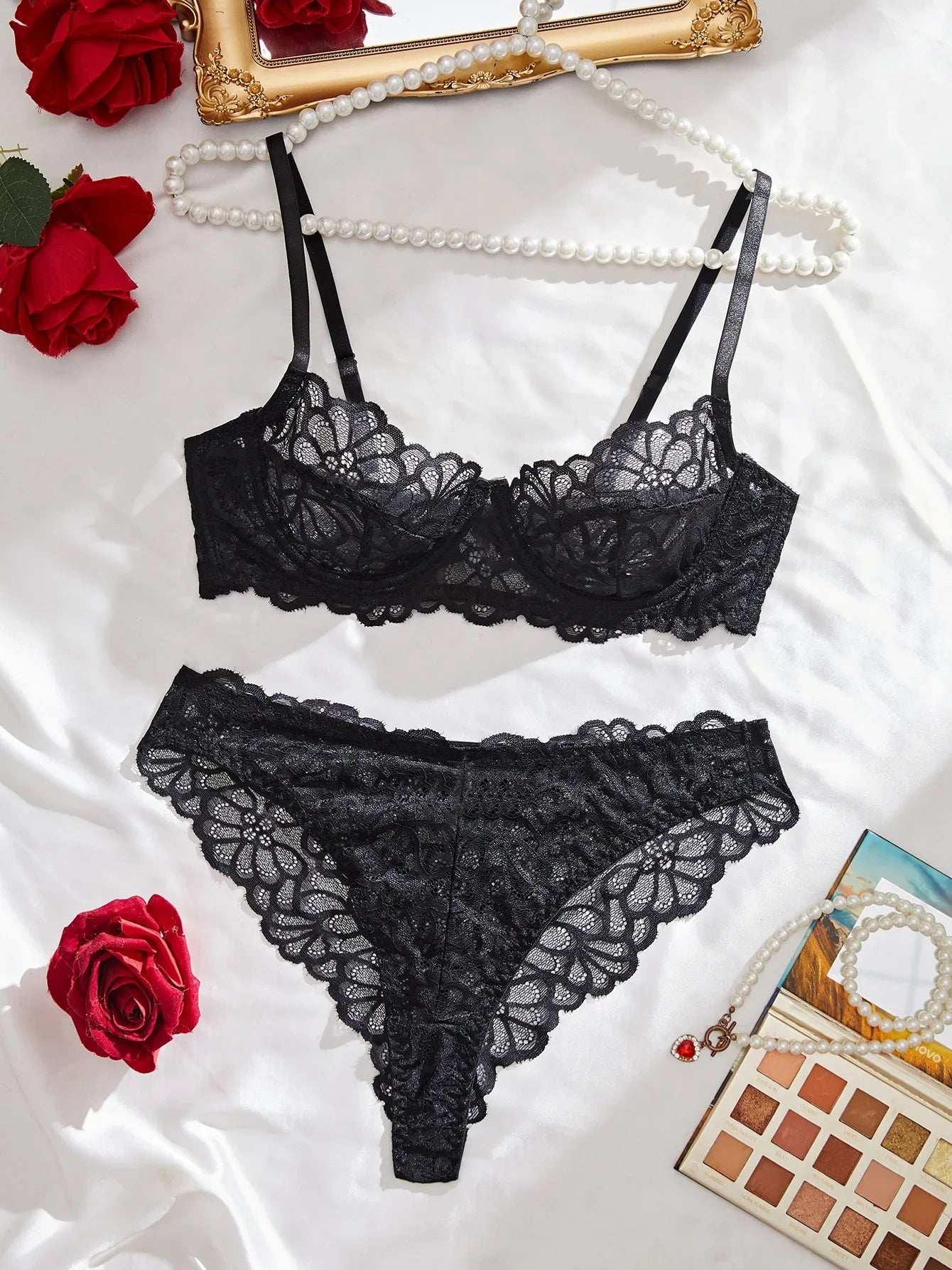 2 Piece Erotic Western Style Lace Floral Print Sensual Pure See Through Adjustable Straps Alluring Lingerie Set