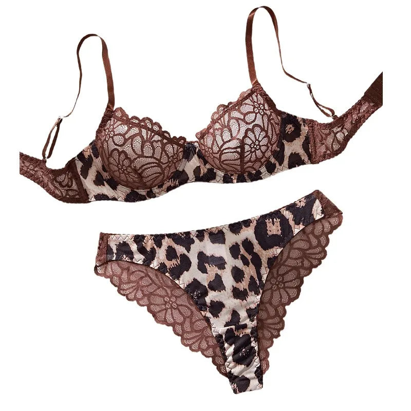 2 Piece Erotic Western Style Lace Leopard Print Patchwork Featuring Sensuals Alluring Bra Premium Lingerie Set