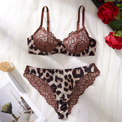 2 Piece Erotic Western Style Lace Leopard Print Patchwork Featuring Sensuals Alluring Bra Premium Lingerie Set