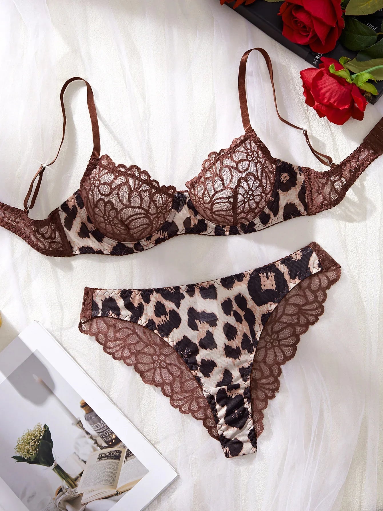 2 Piece Erotic Western Style Lace Leopard Print Patchwork Featuring Sensuals Alluring Bra Premium Lingerie Set