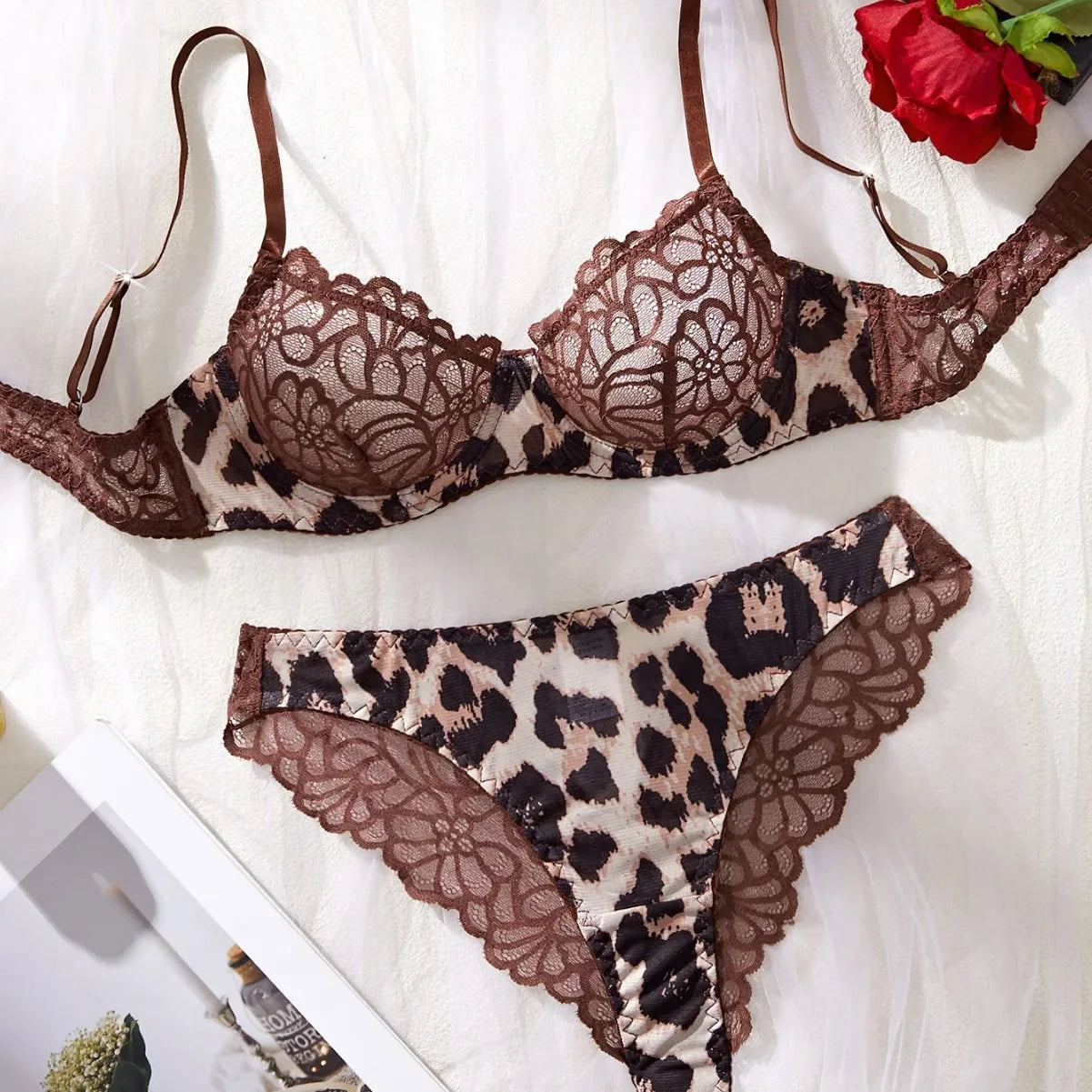 2 Piece Erotic Western Style Lace Leopard Print Patchwork Featuring Sensuals Alluring Bra Premium Lingerie Set