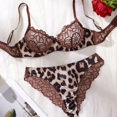 2 Piece Erotic Western Style Lace Leopard Print Patchwork Featuring Sensuals Alluring Bra Premium Lingerie Set