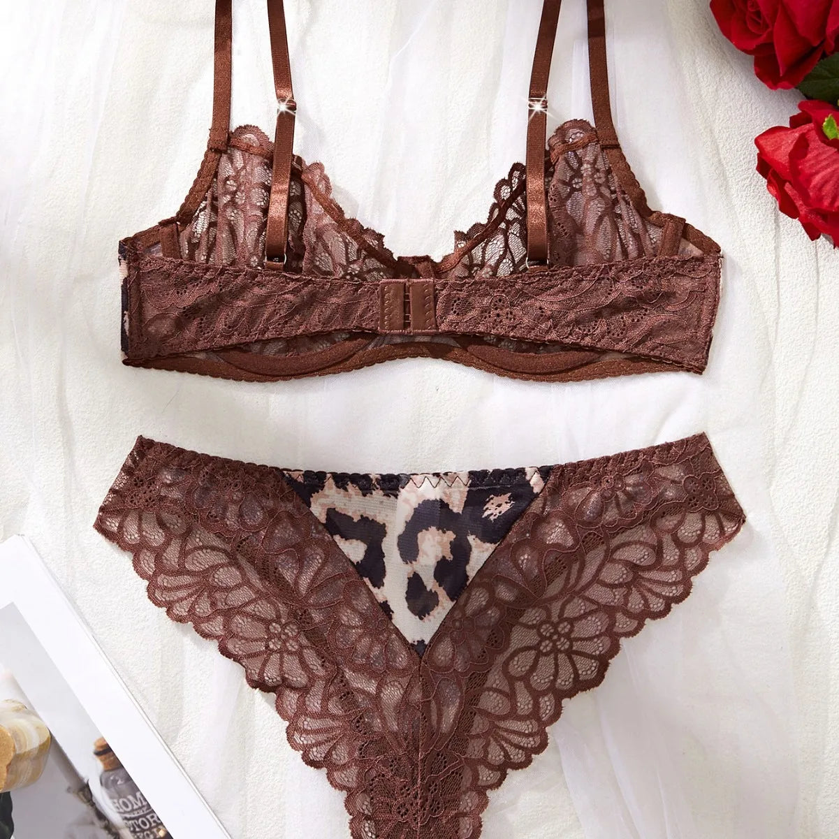 2 Piece Erotic Western Style Lace Leopard Print Patchwork Featuring Sensuals Alluring Bra Premium Lingerie Set