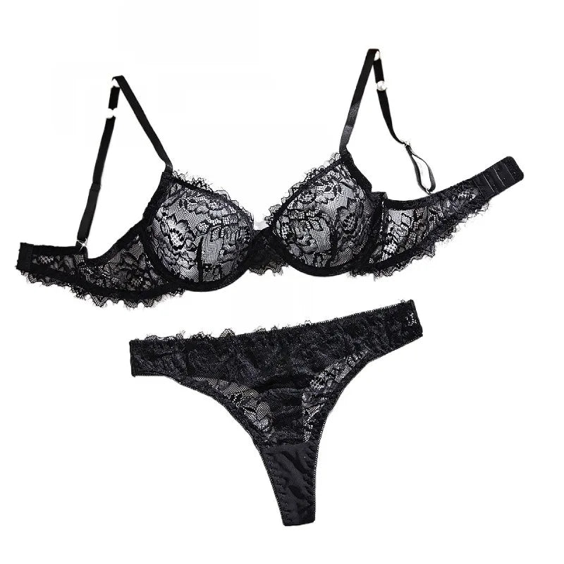 2 Piece Erotic Western Style Black Lace Floral Print Bra Low Waist See Through Panties Sensual Pure Lingerie Set