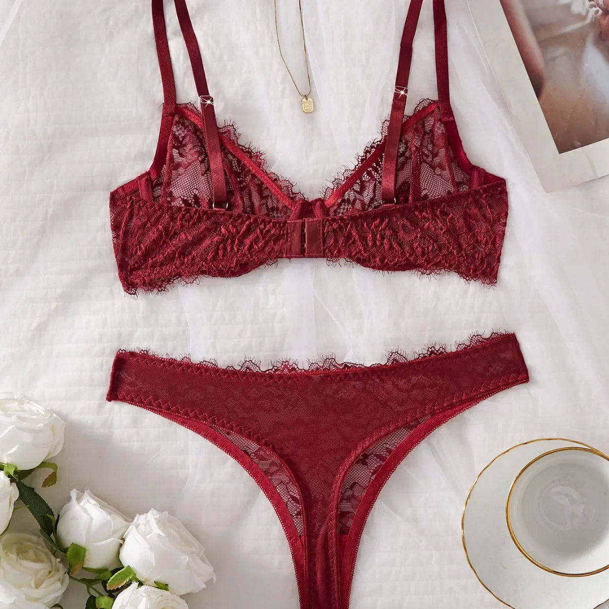 2 Piece Erotic Western Style Black Lace Floral Print Bra Low Waist See Through Panties Sensual Pure Lingerie Set
