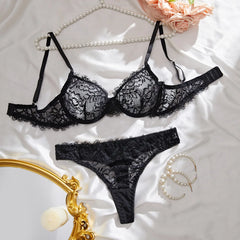 2 Piece Erotic Western Style Black Lace Floral Print Bra Low Waist See Through Panties Sensual Pure Lingerie Set
