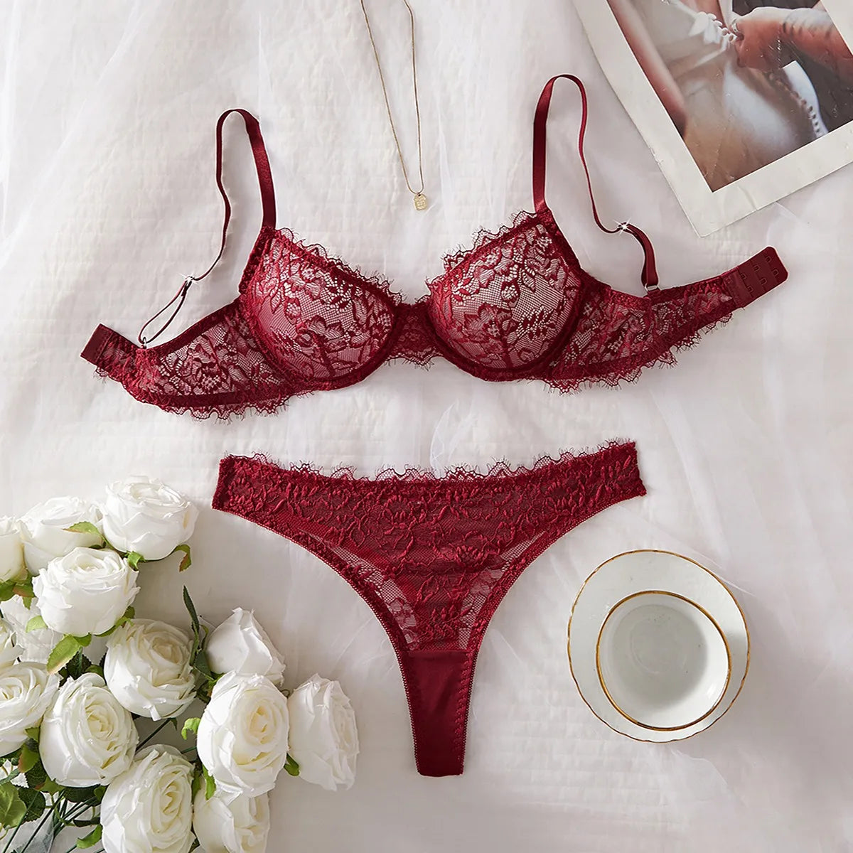 2 Piece Erotic Western Style Black Lace Floral Print Bra Low Waist See Through Panties Sensual Pure Lingerie Set