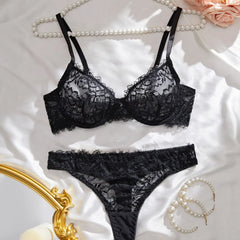 2 Piece Erotic Western Style Black Lace Floral Print Bra Low Waist See Through Panties Sensual Pure Lingerie Set