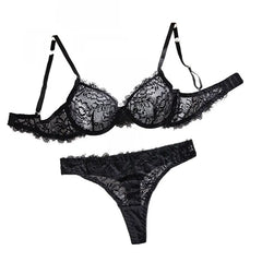 2 Piece Erotic Western Style Black Lace Floral Print Bra Low Waist See Through Panties Sensual Pure Lingerie Set