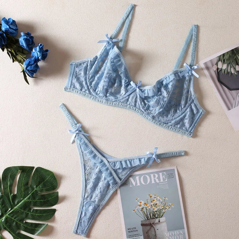 2 Piece Set Lace Bra Set Push Up Lingerie Bras Briefs Set Deep V Cross Back Transparent G-string Underpants