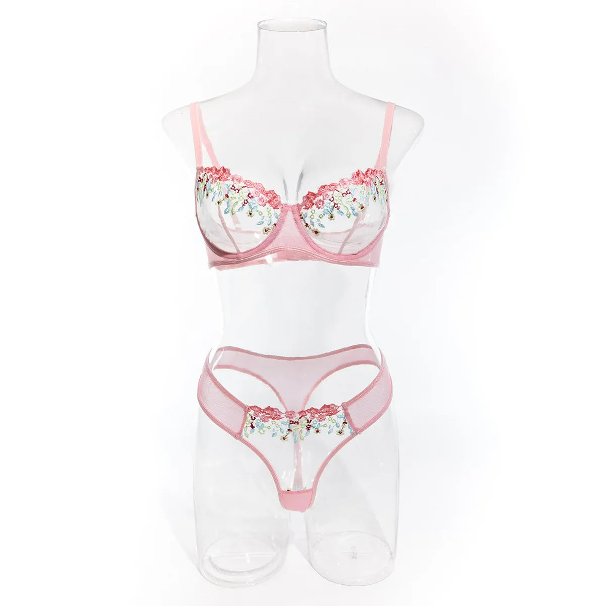 2 Piece Set Western Thin See Through Lace Embroidery Small Floral Underwire Bra Thong