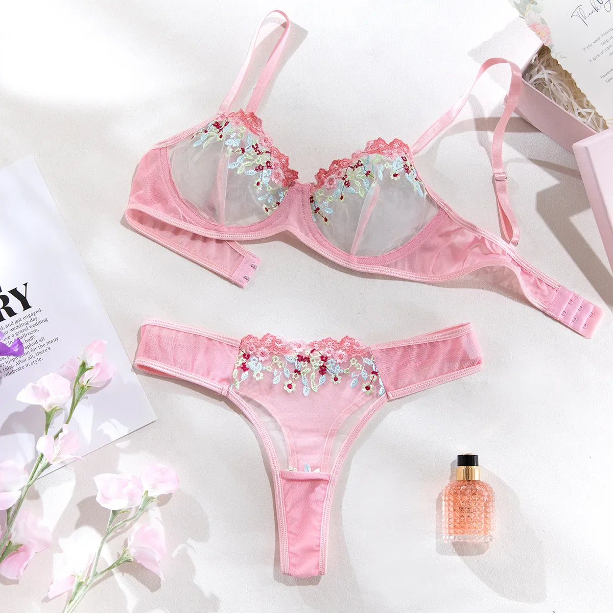 2 Piece Set Western Thin See Through Lace Embroidery Small Floral Underwire Bra Thong