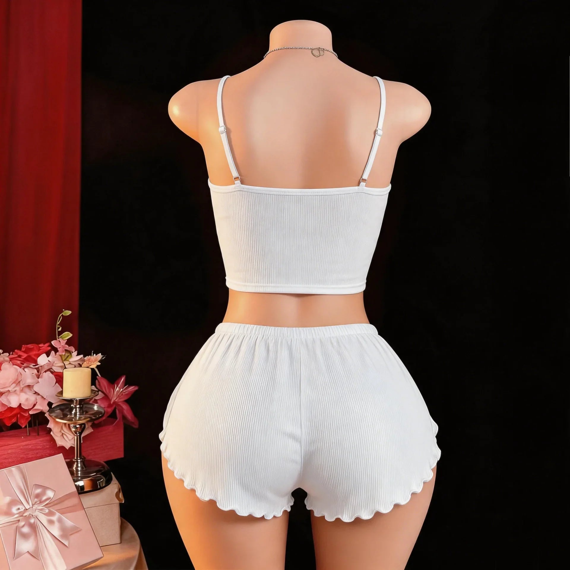 2 Piece Western Camisole Slit Underwear Cami Backless Cross Strap Lace Loungewear Homewear Shorts Lingerie Set