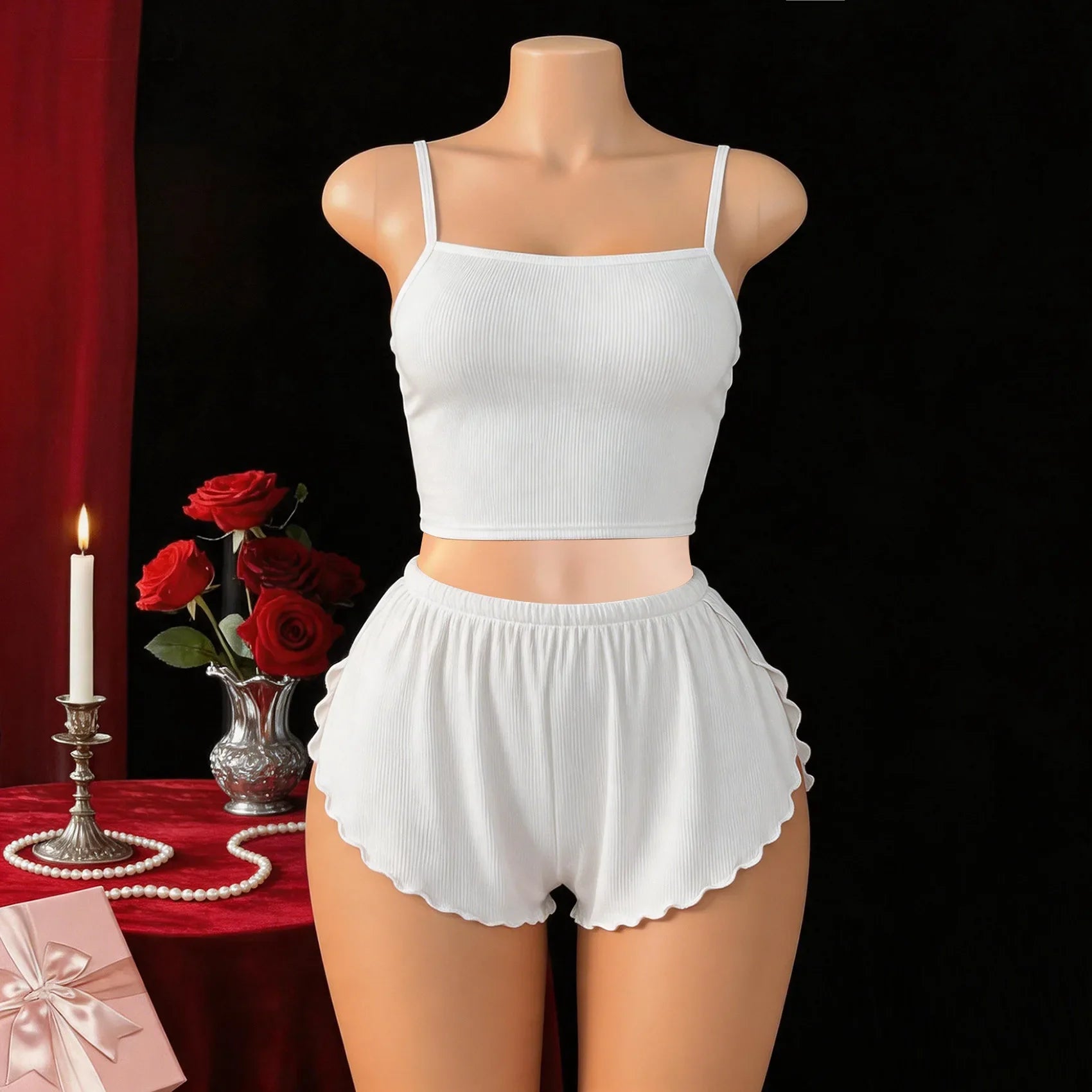 2 Piece Western Camisole Slit Underwear Cami Backless Cross Strap Lace Loungewear Homewear Shorts Lingerie Set
