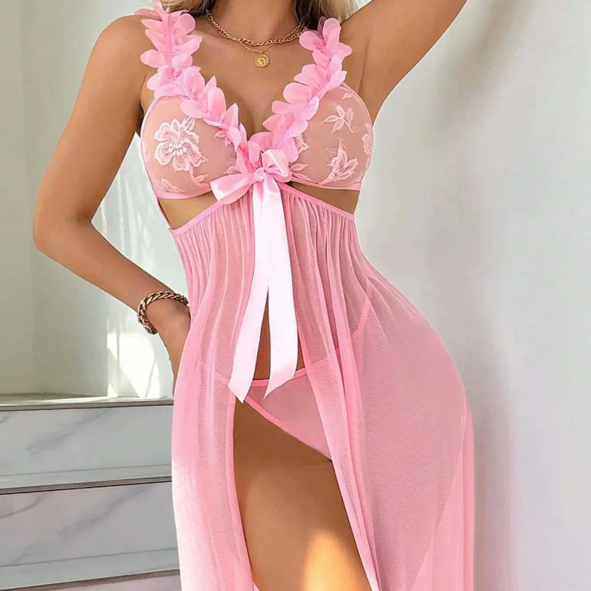 2 Piece Western Sheer See Through Split Slit Sling Strap Skirt Underwear G String Thong Maxi Dress Lingerie Set