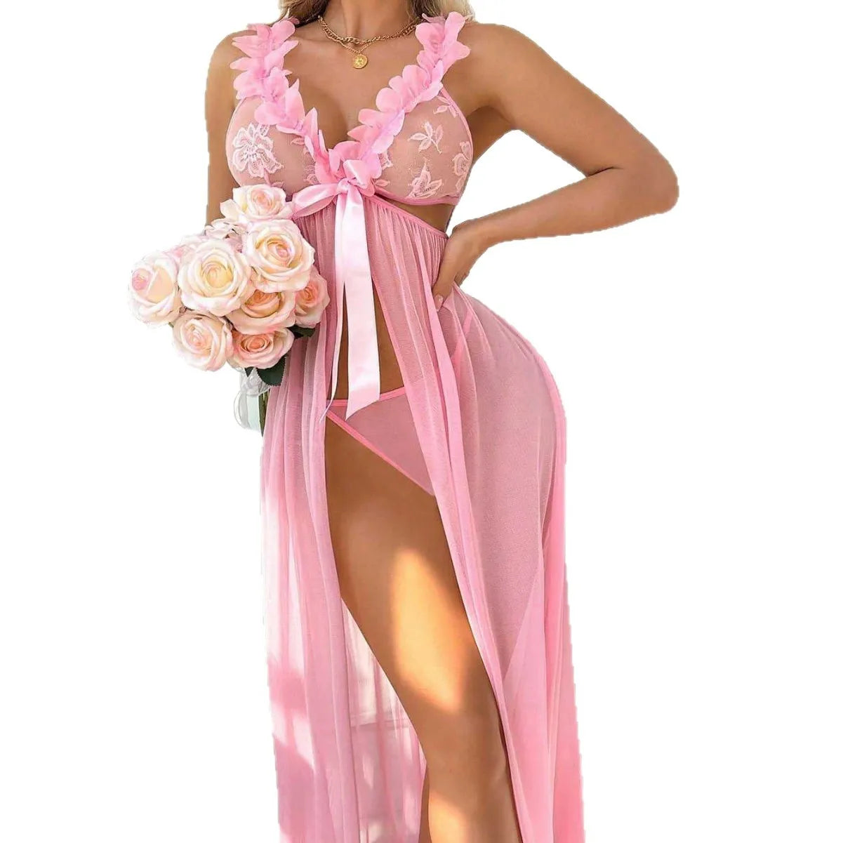 2 Piece Western Sheer See Through Split Slit Sling Strap Skirt Underwear G String Thong Maxi Dress Lingerie Set